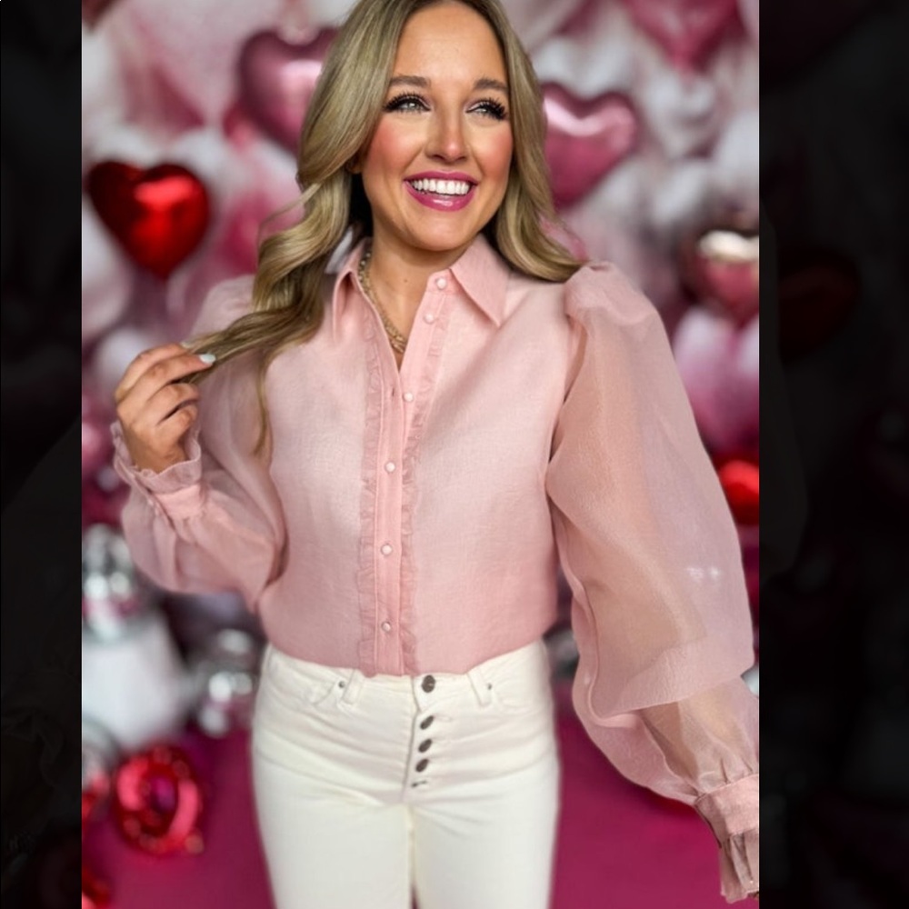 Blush Pink Frilled Button Front Placket Puff Long Sleeve Top